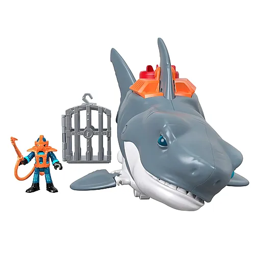 Imaginext Grosser Spielzeug-Hai mit Taucher-Figur, K�fig und Zubeh�r, macht Kaubewegungen und realistische Schwimmbewegungen, ab 3 Jahren