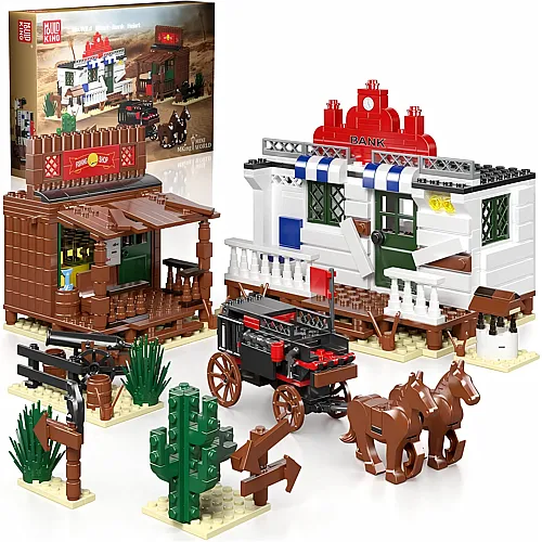 Mould King West Bank Geb�ude-Set, Westworld Baustein-Set mit Bank, Angelgesch�ft, Steinkanone, Kutsche, 24062 Western-Stil Modell