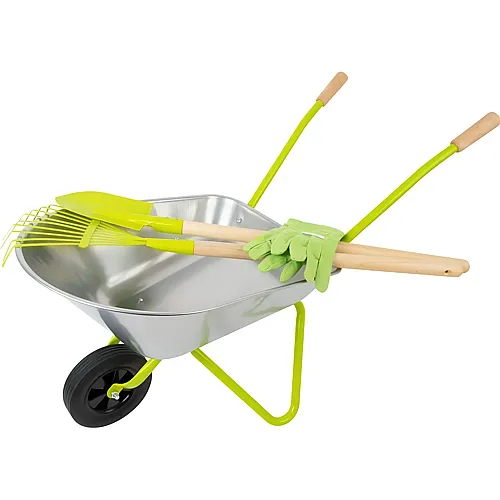 Metal wheelbarrow with garden tools