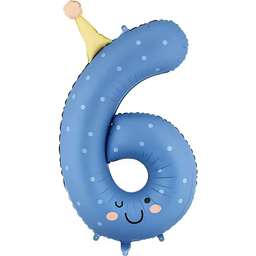 PartyDeco Folienballon Zahl 6 Smiley's blau