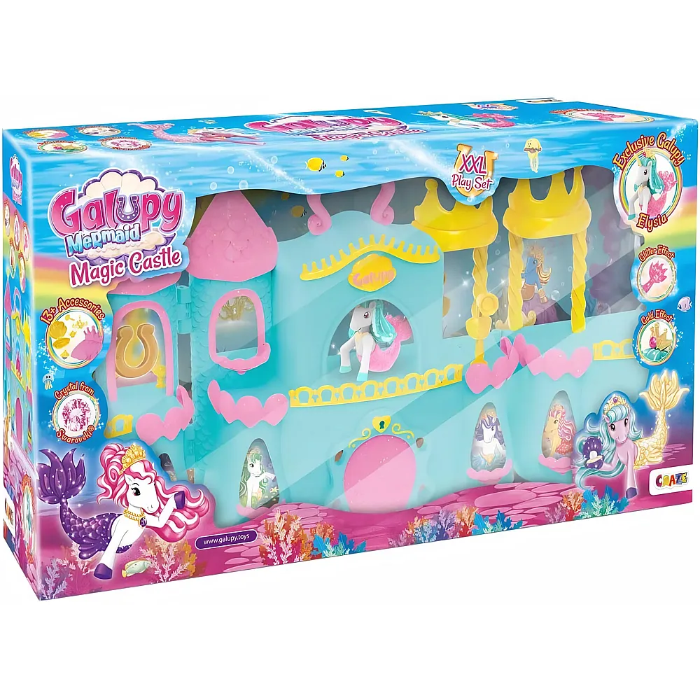 CRAZE GALUPY Mermaid Magic Castle - Spielset mit verschliebarem Schloss, 1x Einhorn Figur mit Meerjungfrauenflosse und viel Zubeh�r