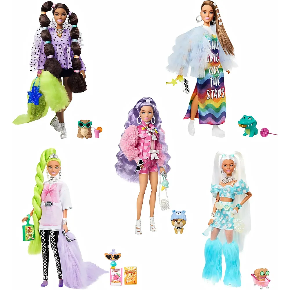 meinspielzeug - Barbie Barbie HHC58 - Extra-Set mit 5 Puppen, mit exklusiver Extra-Puppe, 70 modischen Teilen und Accessoires, 5 Tieren, extra langem Haar und beweglichen Gelenken, ab 3 Jahren
