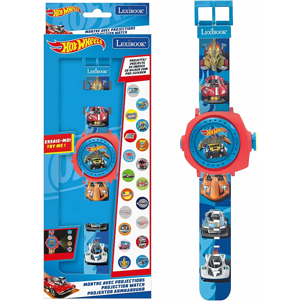 Lexibook Hot Wheels, Uhr mit Verstellbarer Projektion und digitalem Display, 20 Hot Wheels-Bilder, f�r Kinder, Blau