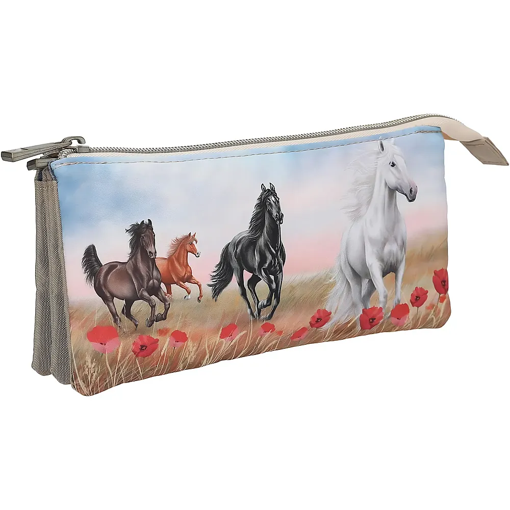 Depesche Miss Melody Poppy Sand - Schlampertasche in Beige, mit Pferde Motiv und Mohnblumen, Federtasche mit 3 Innenf�chern