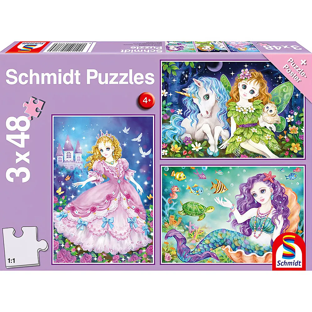 Schmidt Puzzle Prinzessin, Fee & Meerjungfrau 3x48