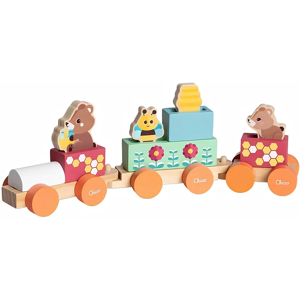 Chicco Holzspielzeug, Teddyb�r-Zug, Montessori-Spiel, 3 Exklusive Figuren, 5 farbige Bl�cke, Zug mit 3 freilaufenden Waggons