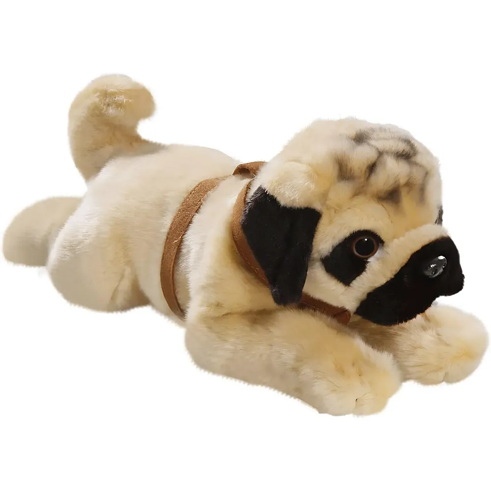 Carl Dick Mops liegend mit Geschirr - 35 cm