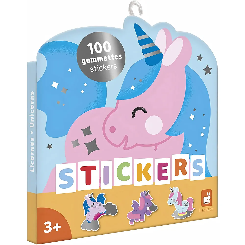 Janod - Pack 100 Gummib�rchen - Stickermappe mit Aufklebern Format 5x5cm - Thema Einh�rner - Ab 3 Jahren - Kreative Freizeitbesch�ftigungen f�r Kinder - Lernen f�r Feinmotorik und Konzentration