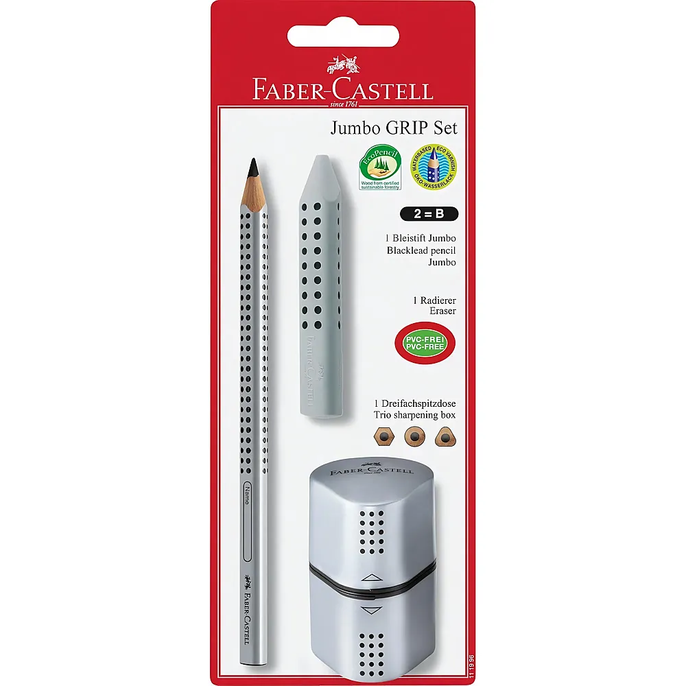 Faber-Castell 111996 - Bleistiftset Jumbo GRIP 2001, mit Bleistift B, Radierer und Spitzer, silber