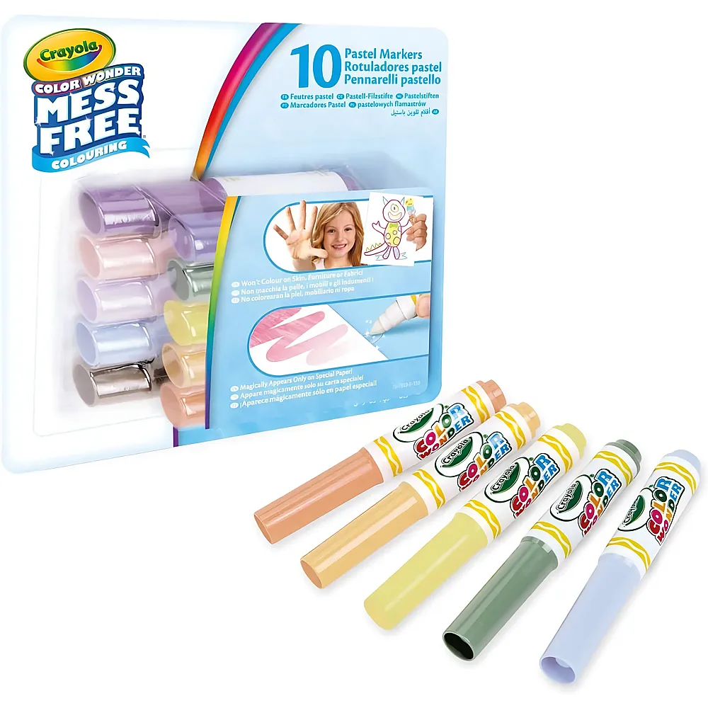 Crayola Color Wonder, Set mit 10 Filzstiften ohne Flecken mit transparenter Tinte, Pastellfarben, Maxi-Tip, ab 3 Jahren