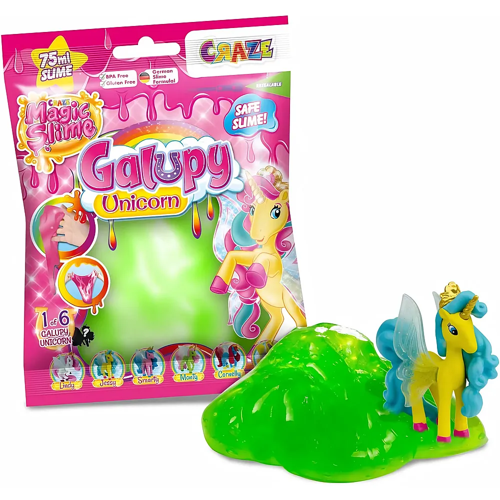 CRAZE Magic Slime FOILBAG  Schleim Kinder im Beutel 75ml Slime Set mit Glitzer & Galupy Unicorn Einhorn Figur �berraschung