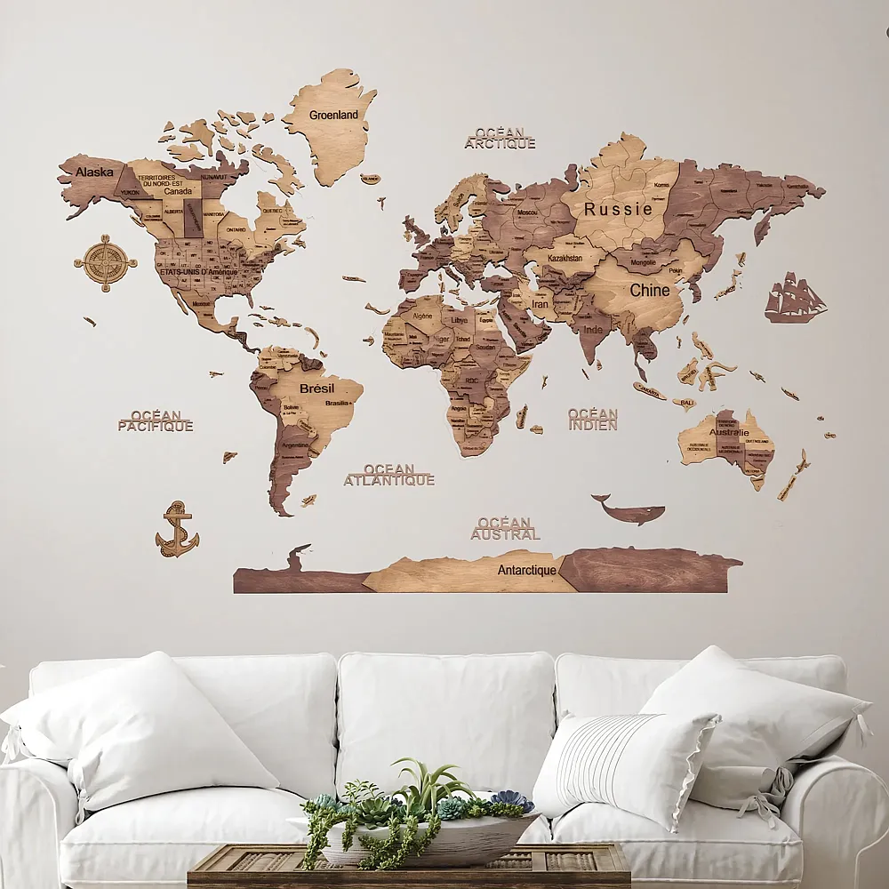 Creatif Wood Carte DU Monde 3D Foncee L 100x150cm - Suche