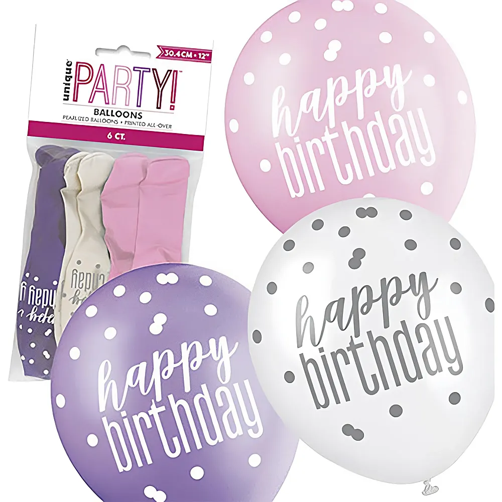 Unique Luftballone Happy Birthday Violett-Mix 6Teile | Kindergeburtstag