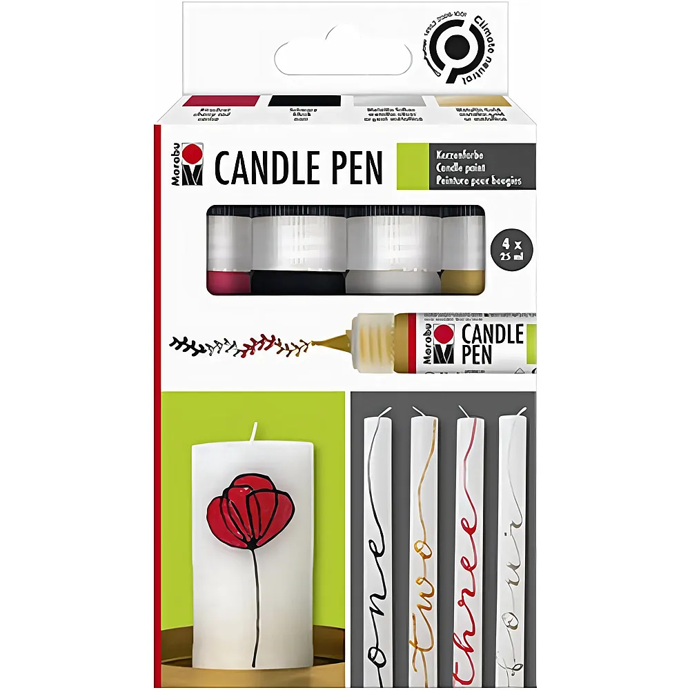 Marabu Kerzenstifte Candle Pen, 4 x 25 ml Farbe auf Wasserbasis, lichtecht, geruchsneutral, wetterfest, f�r kinderleichte - Suche