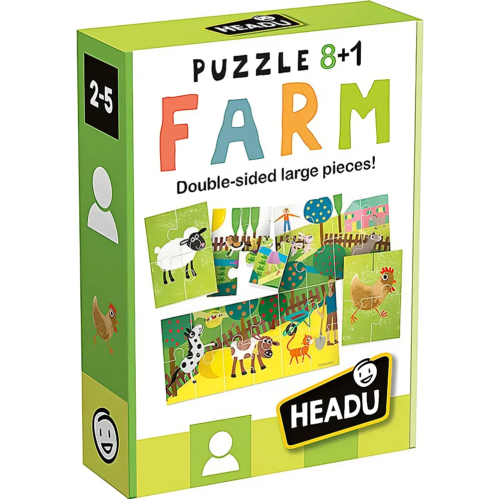 Headu Puzzle My Farm 8+1 grosse doppelseitige Bilderkarten 32Teile