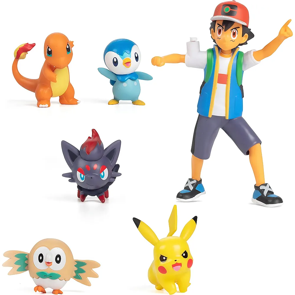 Jazwares Pok�mon 6er Set Ash & Pikachu, Charmander, Rowlet, Piplup, Zorua - 11 cm