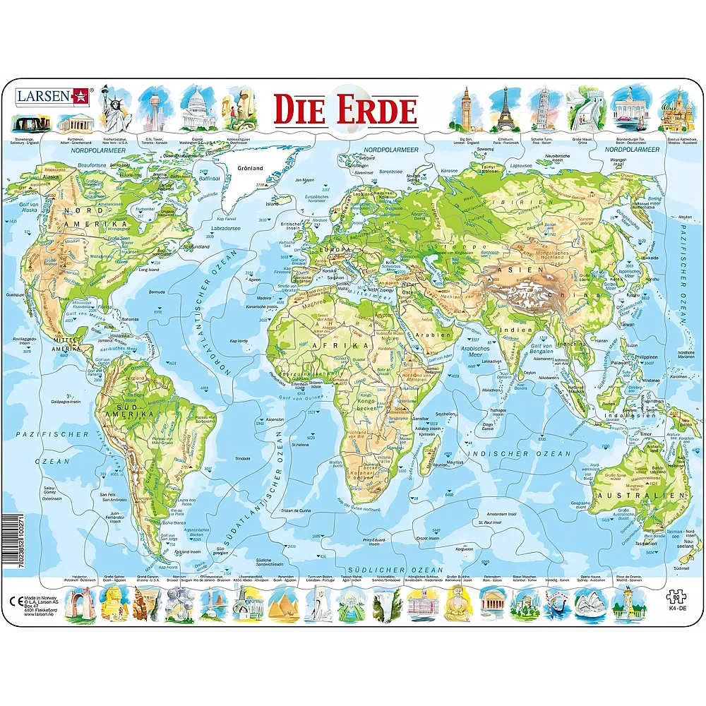 Larsen Puzzle Weltkarte - 80 Teile - Rahmenpuzzle