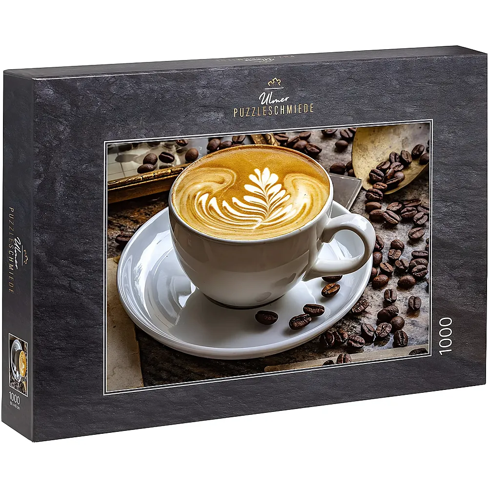 Ulmer Puzzleschmiede Tasse Kaffee Latte mit Bohnen vor Vintage-Hintergrund - 1000 Teile