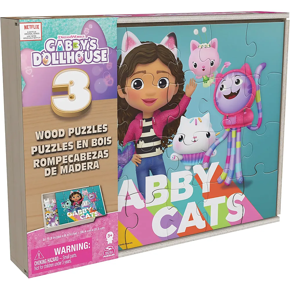 Spin Master Gabby's Dollhouse 3 MIAU-tastische Puzzle-Motive mit Stabiler Holzbox 24Teile