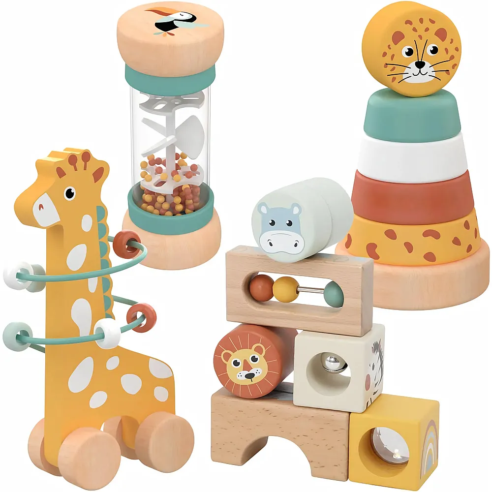 Nene Toys Spielzeug ab 1 Jahr  Montessori Baby Holzspielzeug 4-in-1 Set mit Klangbausteinen, Regenmacher, Stapelturm &
