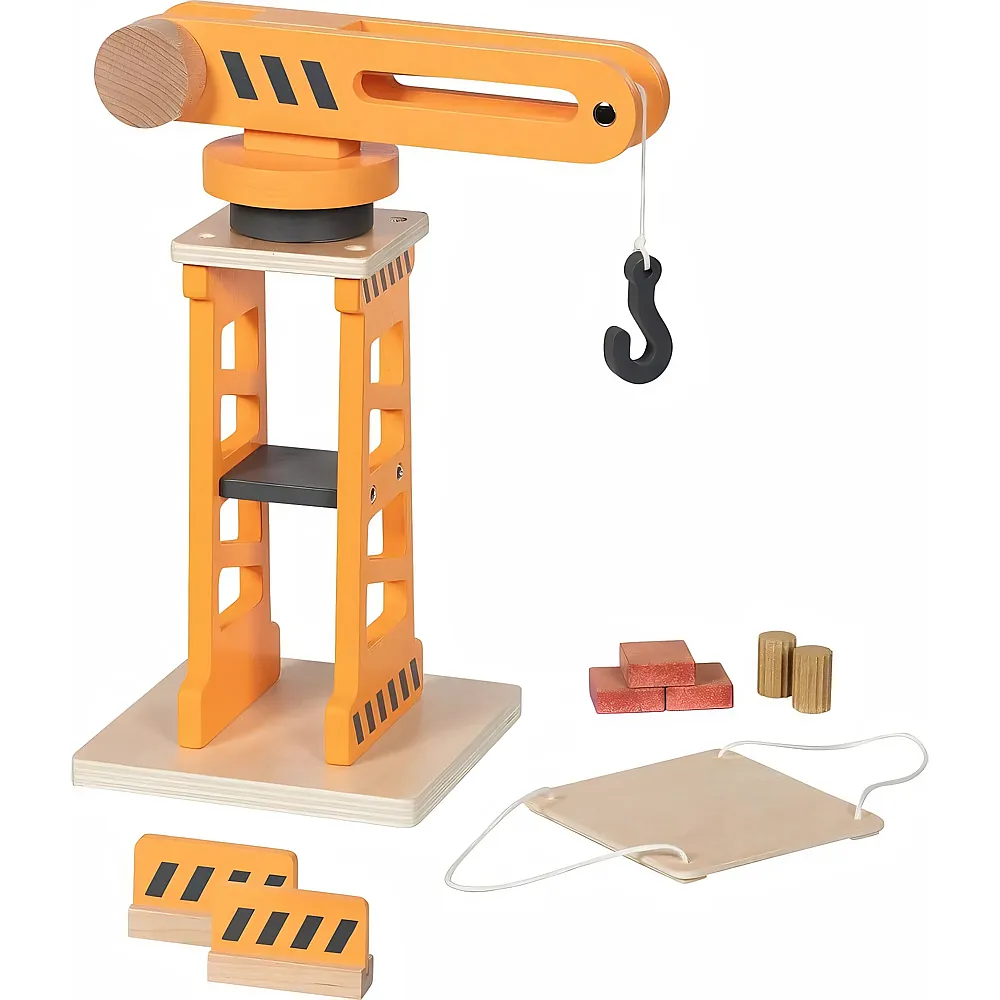 Goki Drehkran Mit Zwei Absperrbarken 4 Teile, Aus Holz, 21,3 X 14 X 29 Cm