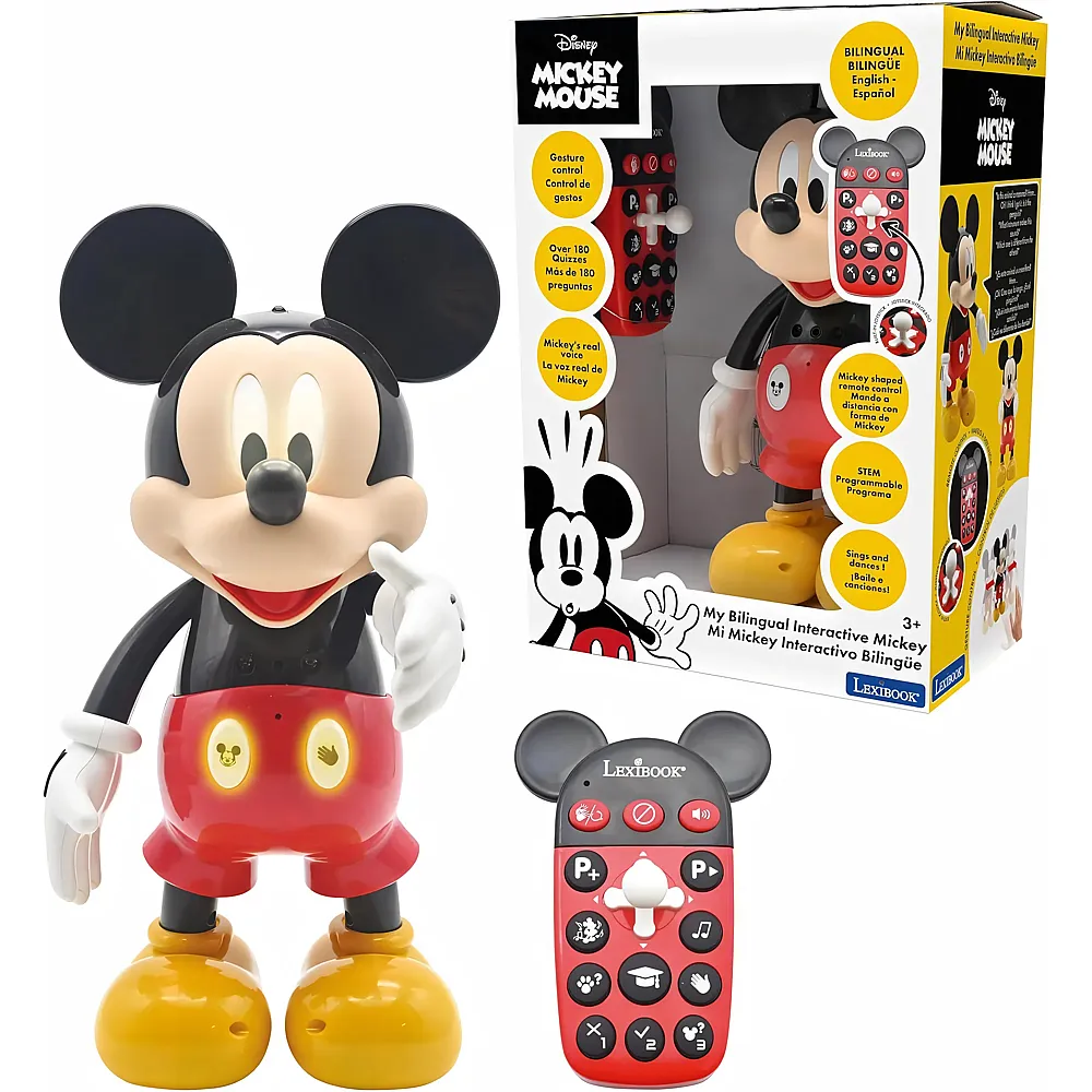 Lexibook Disney Bilingualer Mickey-Roboter, Englisch/Spanisch, 100 Lernquize, Lichteffekte, Tanz, programmierbar, Gelenkig