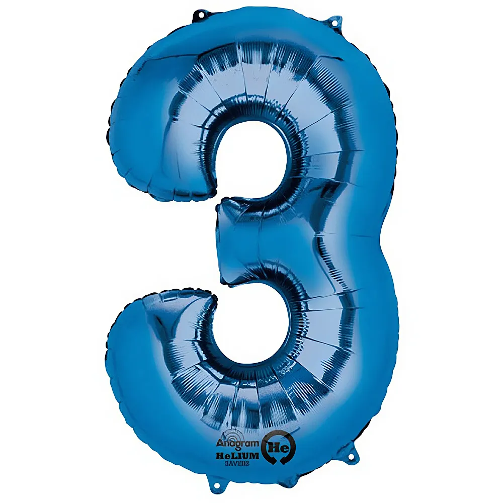 Amscan Folienballon Zahl 3 blau 86x64cm | Kindergeburtstag
