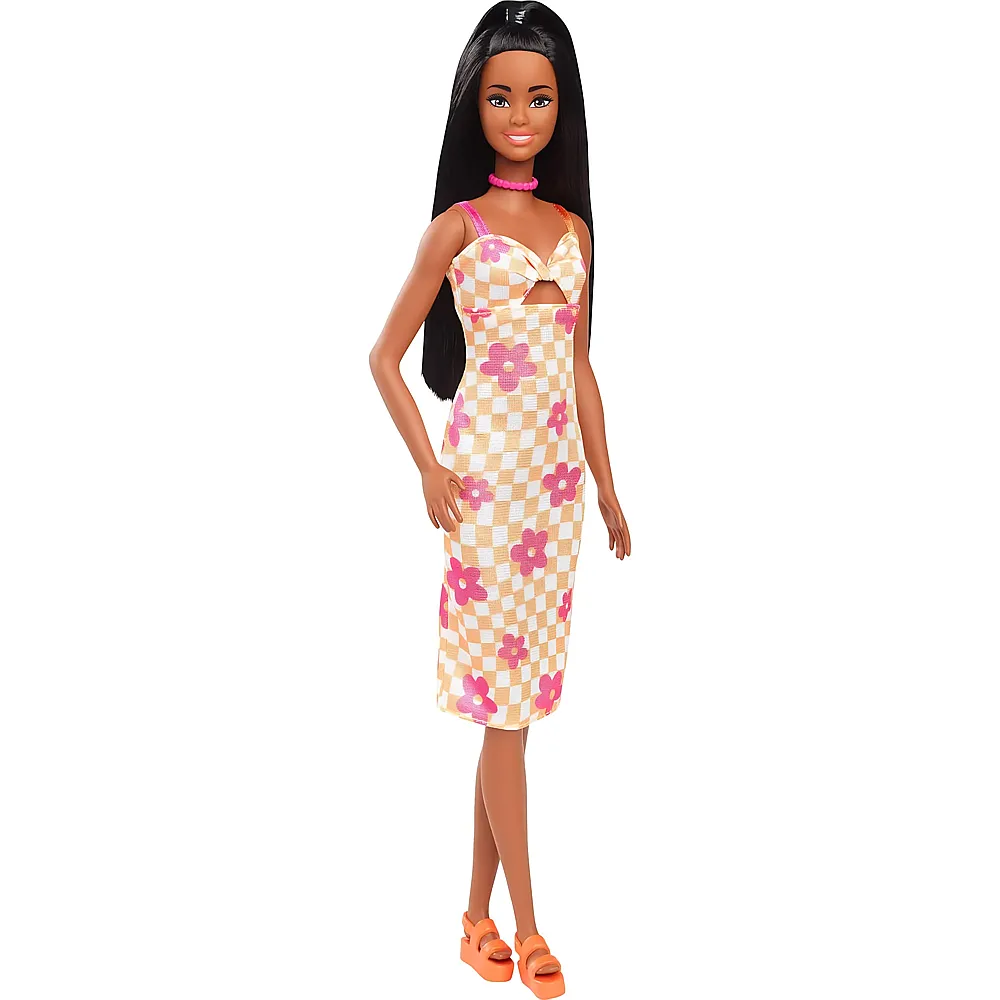 Barbie Fashionistas Puppe schwarzem Haar, orangefarbenem Midi-Karokleid Nr.233