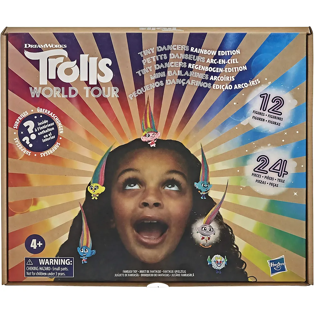 Hasbro Trolls World Tour Tiny Dancers Regenbogen-Edition mit 12 Tiny Dancers, 4 Sonnenbrillen, 10 Ringen, 10 Haarspangen, ab
