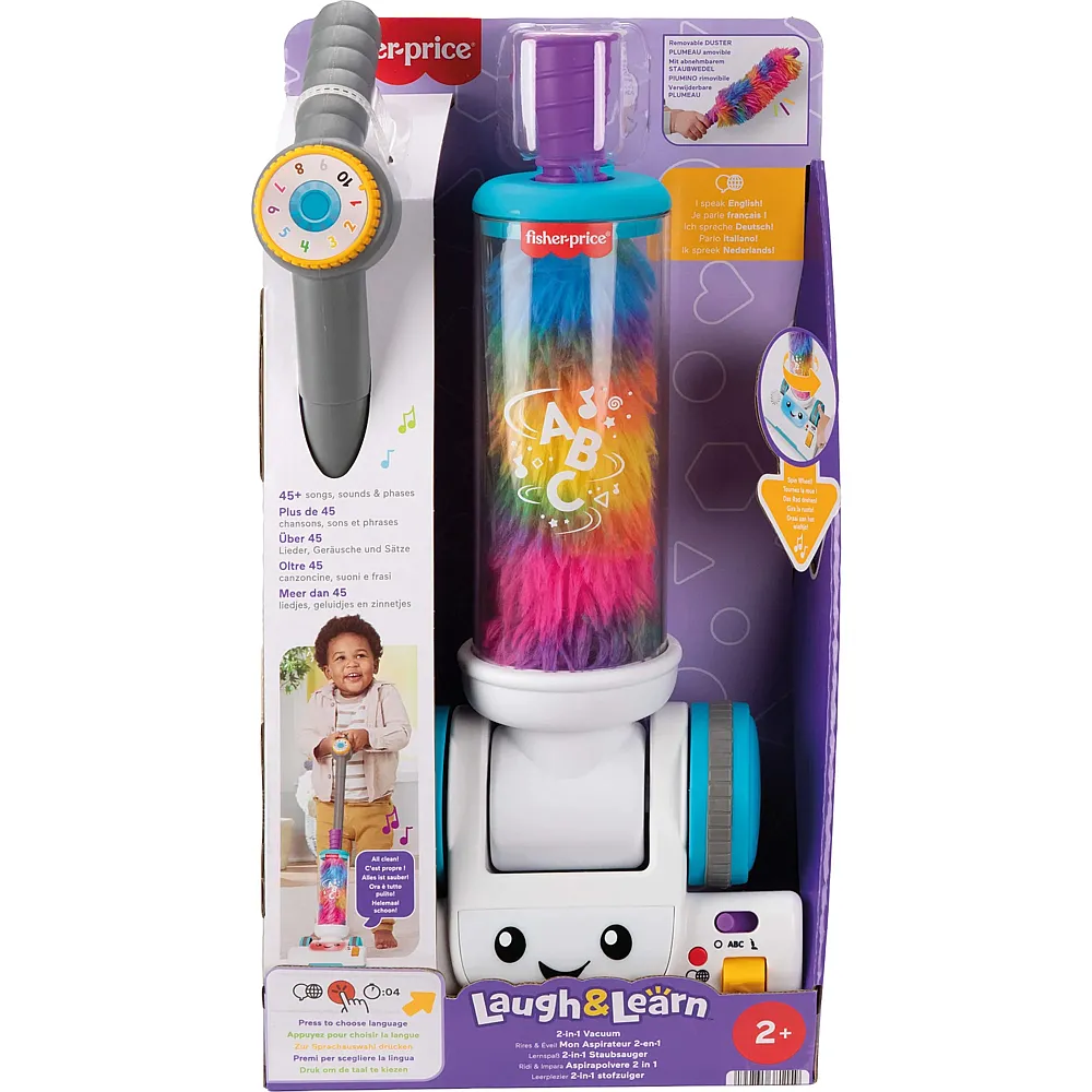 Fisher-Price Lernspass Staubsauger, d/f/i 2 in 1, Staubwedel, Lieder,