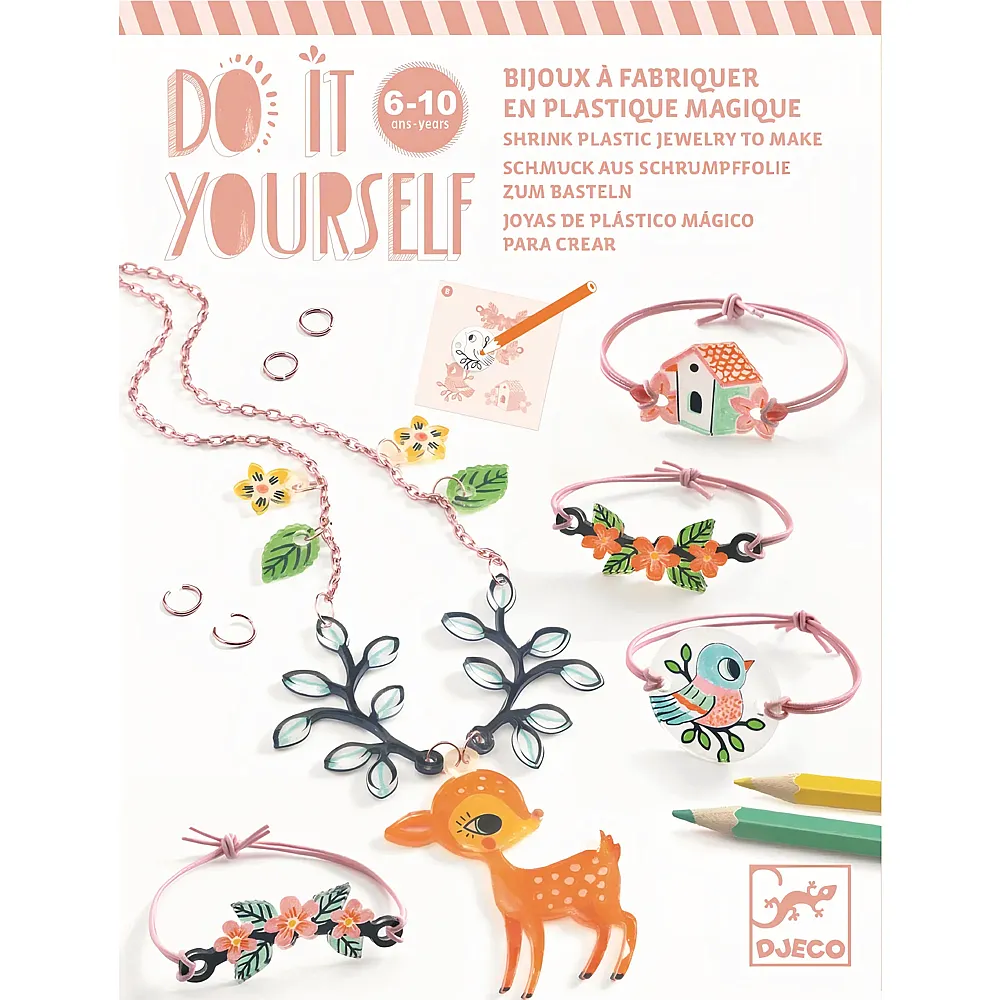 Djeco Kreativ Do It Yourself Schmuck aus Schrumpffolie Tiere