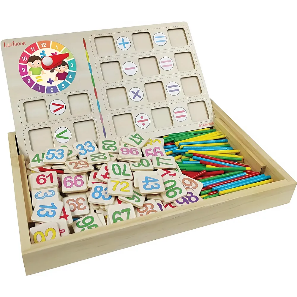Lexibook Bio Toys Mathe-Schule in Holzkiste mit Tafel zum Mathe lernen inkl. Kreide, Radiergummi und 5 Karten mit Einmaleins