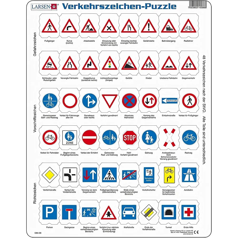 Larsen Puzzle Verkehrszeichen - 48 Teile - Rahmenpuzzle
