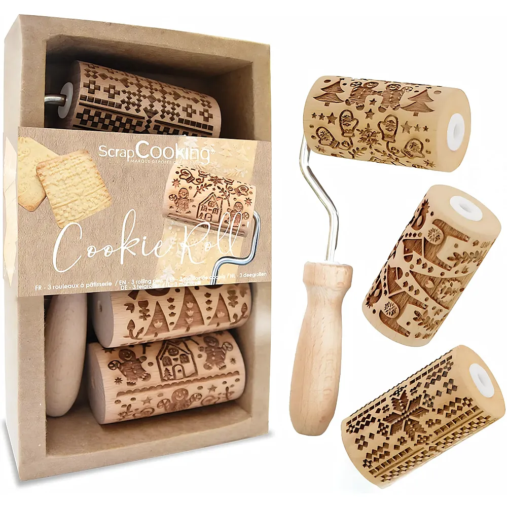 ScrapCooking Cookie Roll Holzpr�ger mit 3 auswechselbaren Pragerollen
