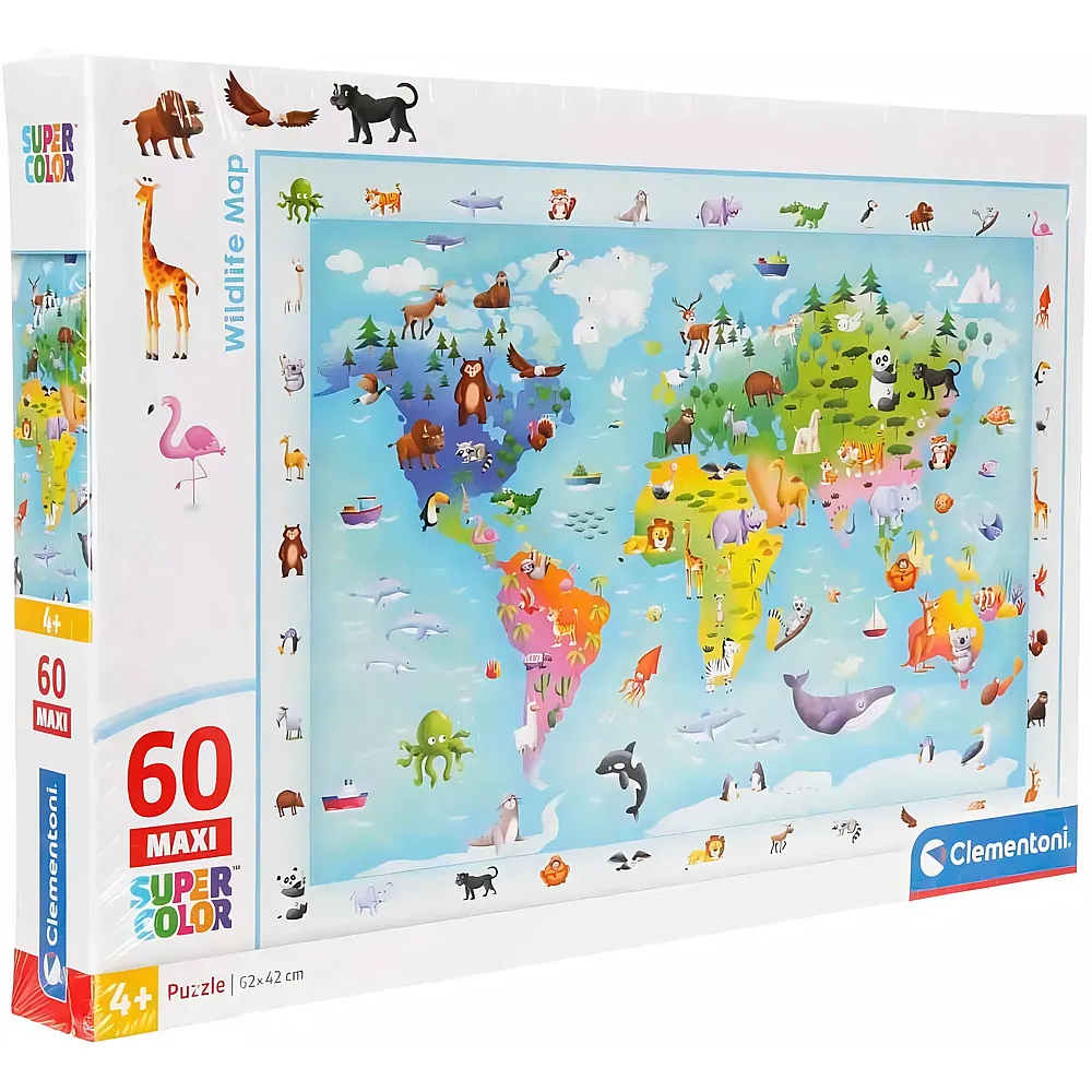 Clementoni Puzzle Supercolor Maxi Weltkarte der wilden Tiere - 60 Teile