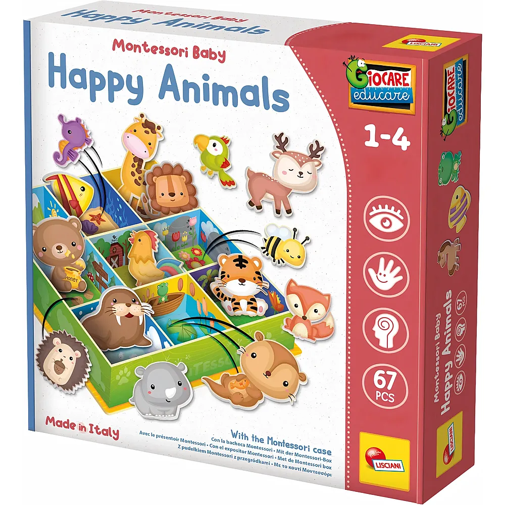Lisciani Montessori Baby Happy Animals 67 Teile, Schaukasten,