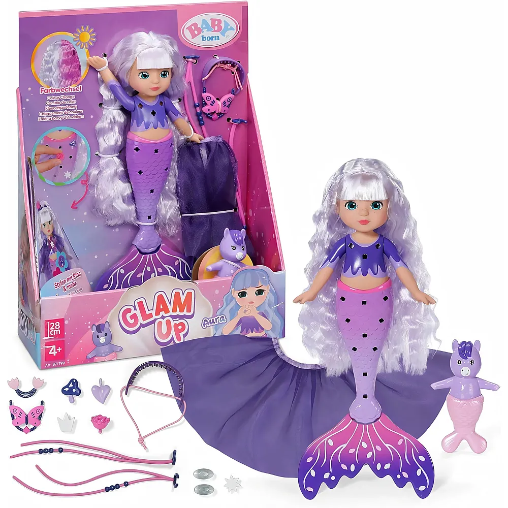 Zapf Creation Baby Born Glam Up Aura, Meerjungfrau mit Langen blauen Haaren mit UV-Farbeffekt - Modepuppen