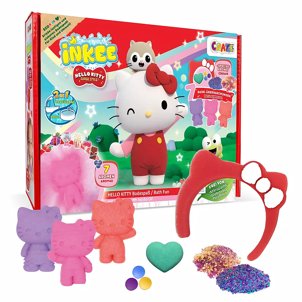 meinspielzeug - CRAZE INKEE Geschenkbox Hello Kitty Badeset Kinder - 7 Badezus�tze f�r Kinder, Hello Kitty Badekugeln & Badesalz Kinder mit Jojoba �l & verschiedenen Aromen