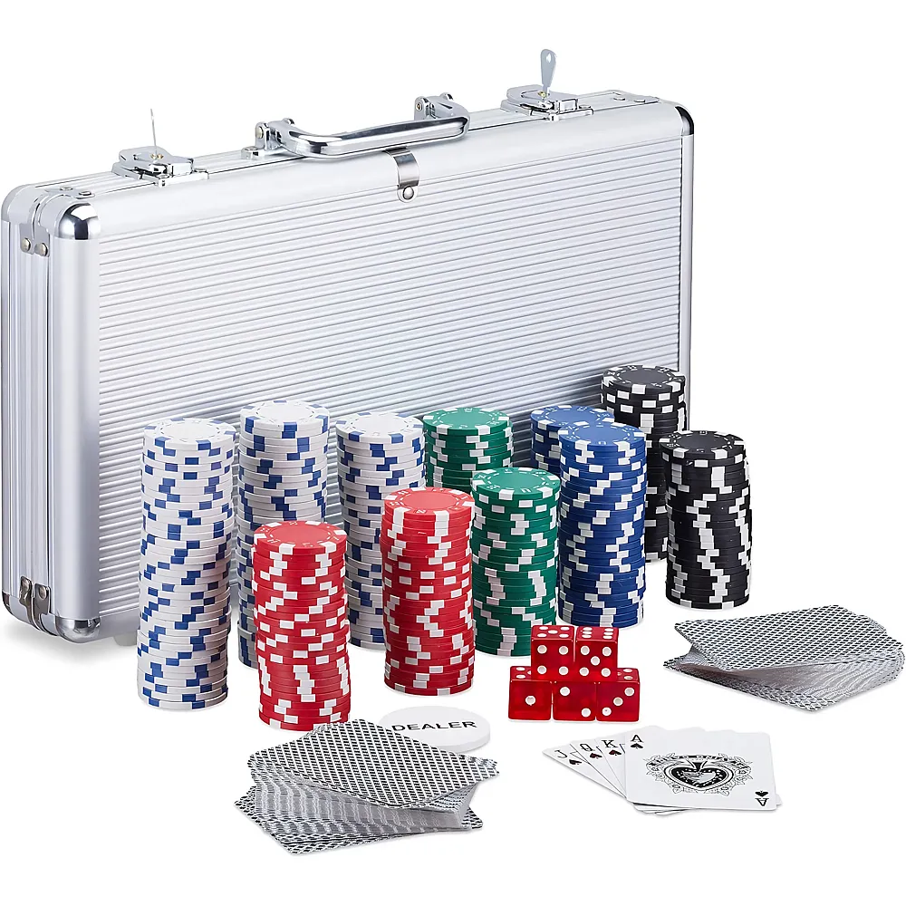 Relaxdays Pokerkoffer, 300 Laser Pokerchips, 2 Kartendecks, 5 W�rfel, Dealer Button - Partyspiele