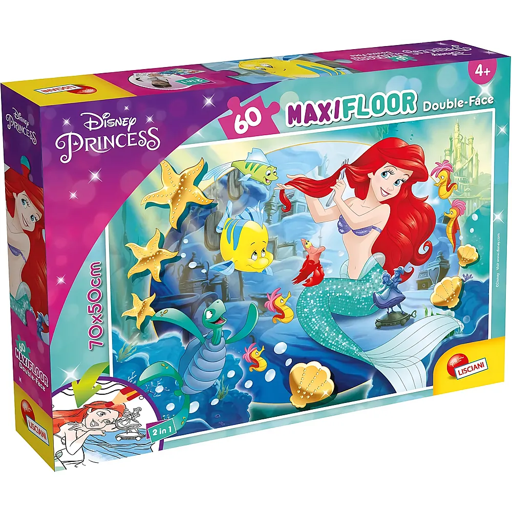 Lisciani Puzzle Maxifloor Double-Face Disney Princess 2in1 Die kleine Meerjungfrau zum Ausmalen 60Teile