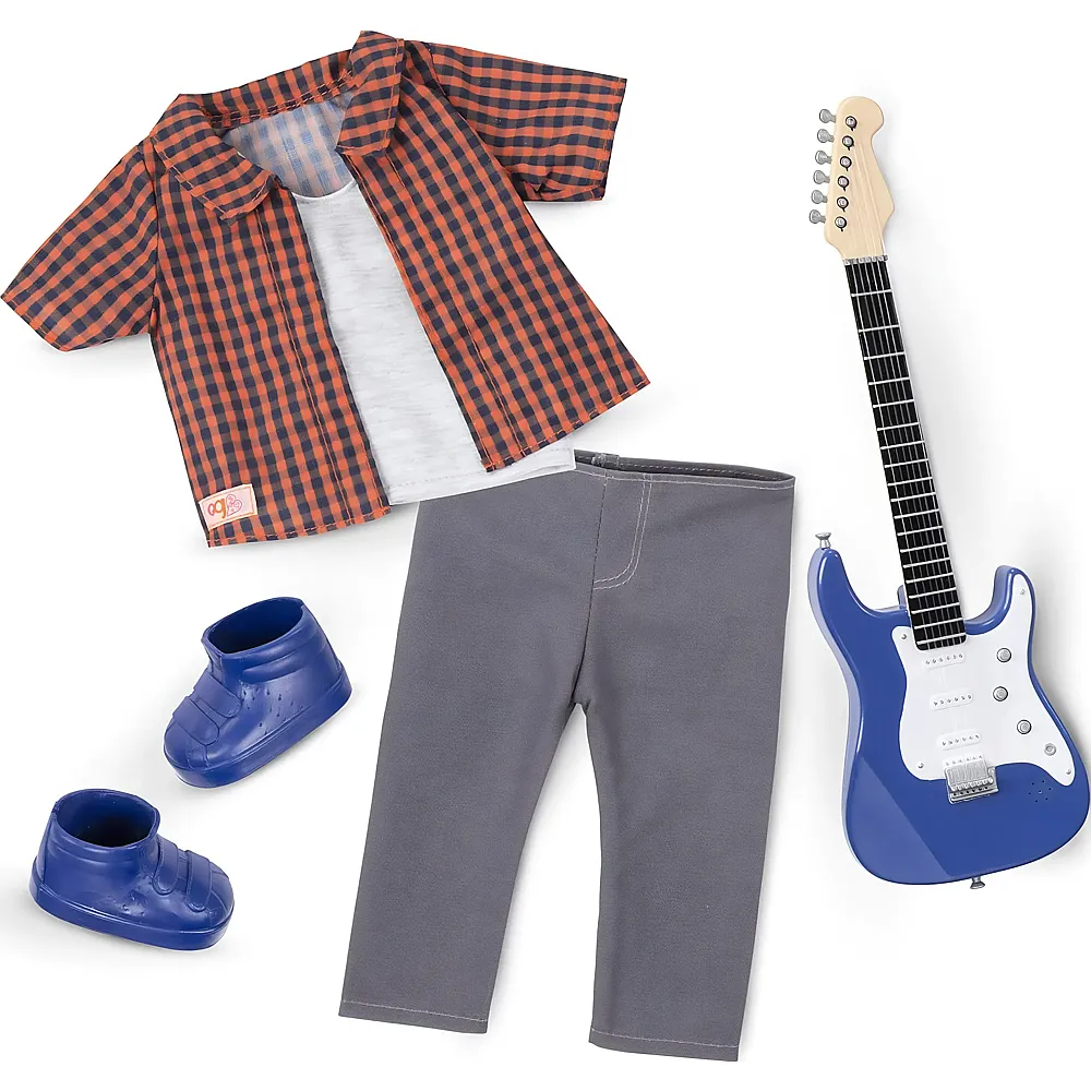 Our Generation Musiker-Outfit mit kariertem Hemd und Gitarre - 46 cm