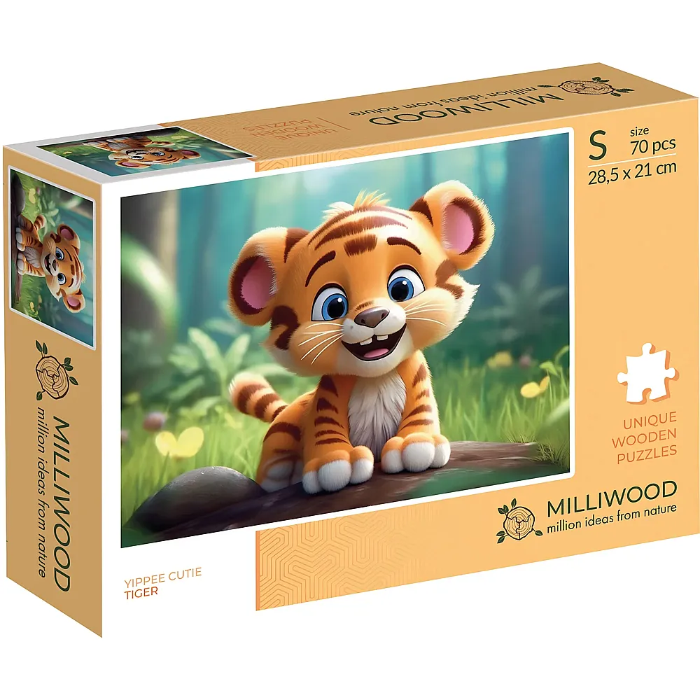 Milliwood Puzzle Holz S Tiger 70 Teile, 28.5x21 cm, Rechteck, Serie Yippee Cutie, ab 5 Jahren