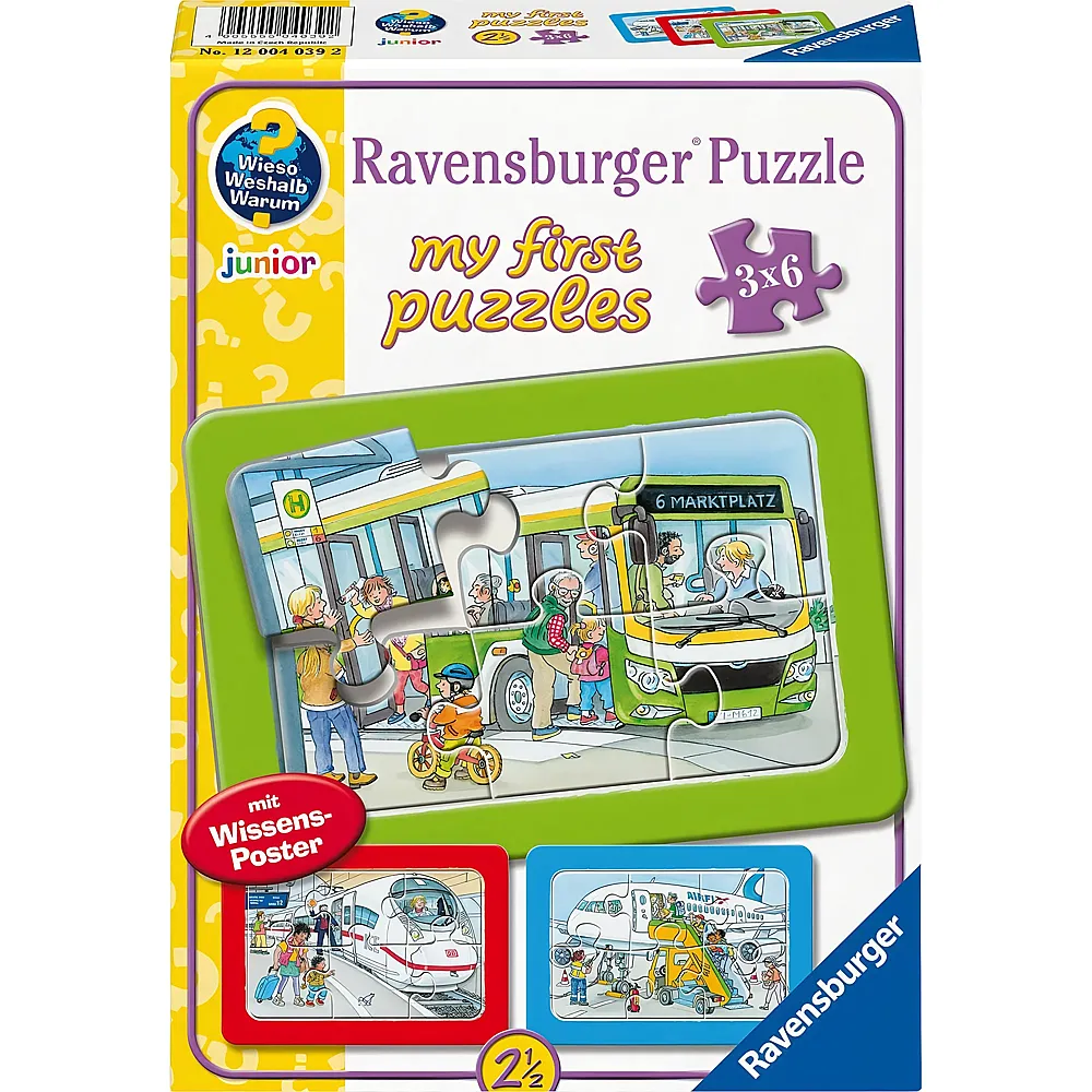 Ravensburger Puzzle 3in1 Unterwegs mit Bus, Bahn und Flugzeug - 6 Teile