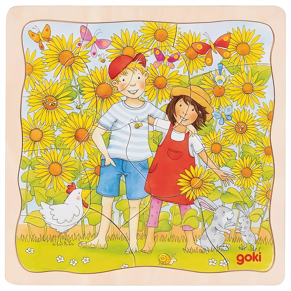 Goki Schichtenpuzzle Sonnenblumenfeld 3 Schichten, 35 Teile, Aus Holz