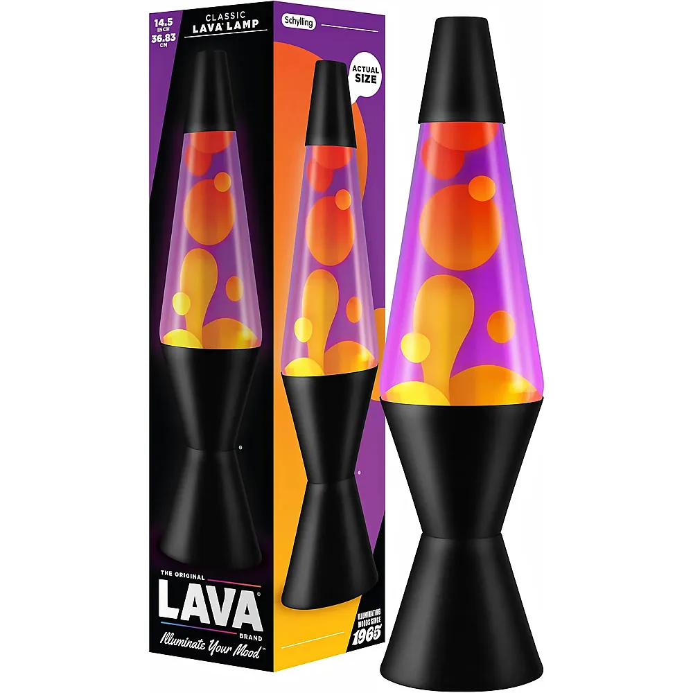 Schylling LAVA - Lampe 2323, gelbes Wachs, lila Fl�ssigkeit, schwarzer Sockel und Deckel, Original 14,5 Zoll Bewegungslampe der Marke