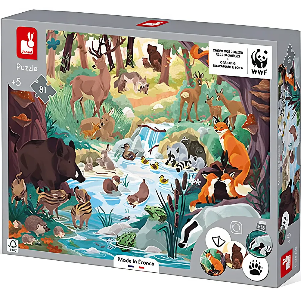 Janod WWF Puzzle Waldtiere mit Suchspiel 81Teile