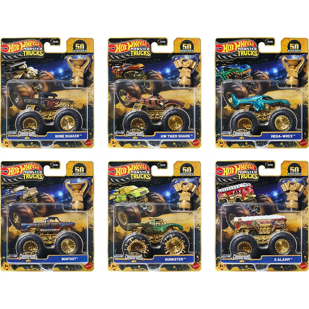 meinspielzeug - HOT Wheels Monster Trucks Bigfoot Trophy Champions 10-fach ass., 1:64, Die-Cast, ab 3 Jahren