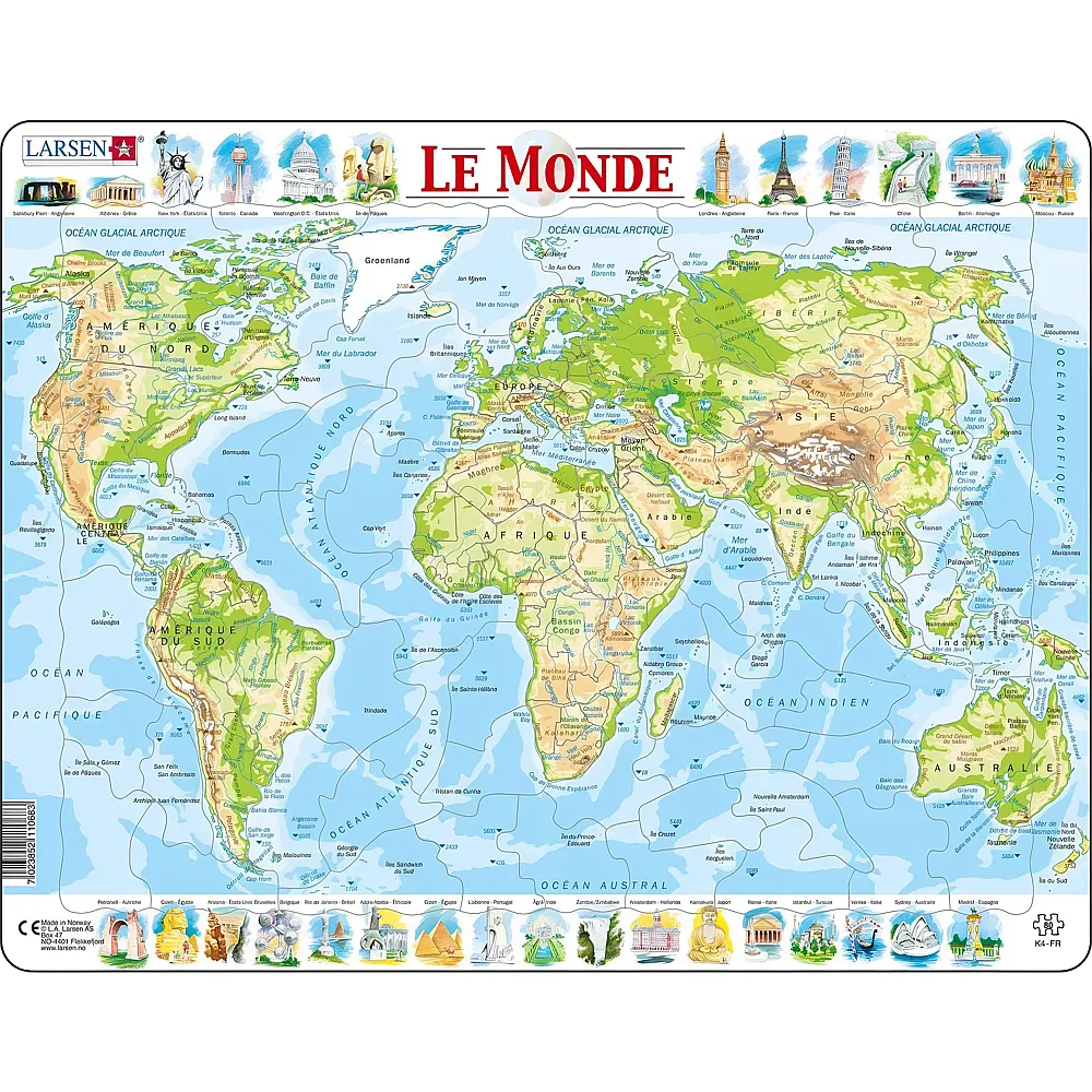 Larsen Puzzle La Carte Physique du Monde - 80 Teile