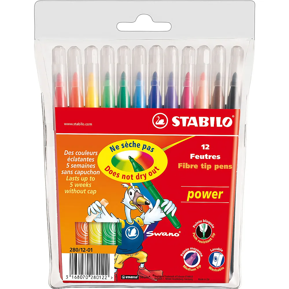 Stabilo Power Fasermaler - 12 Teile | Farbe & Kreide