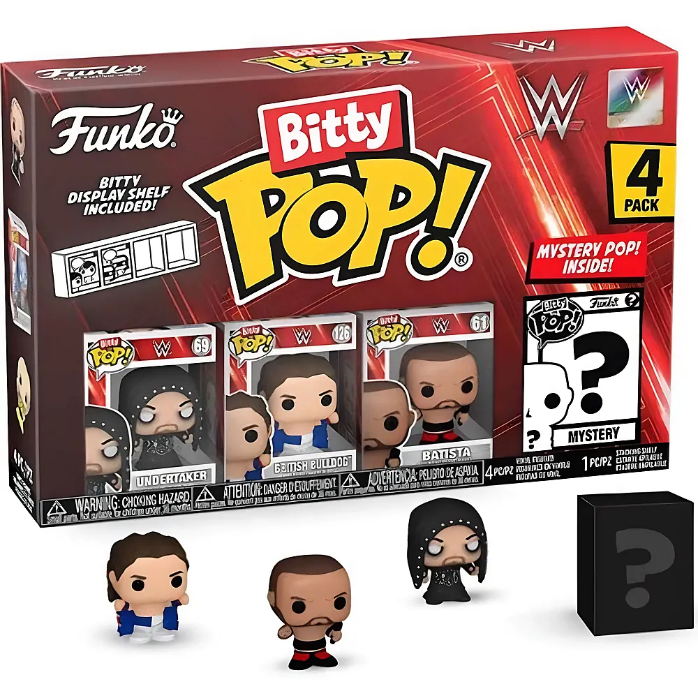 meinspielzeug - Funko Bitty Pop WWE - The Undertaker, British Bulldog, Batista und Mystery - 4 Teile | Lizenzfiguren
